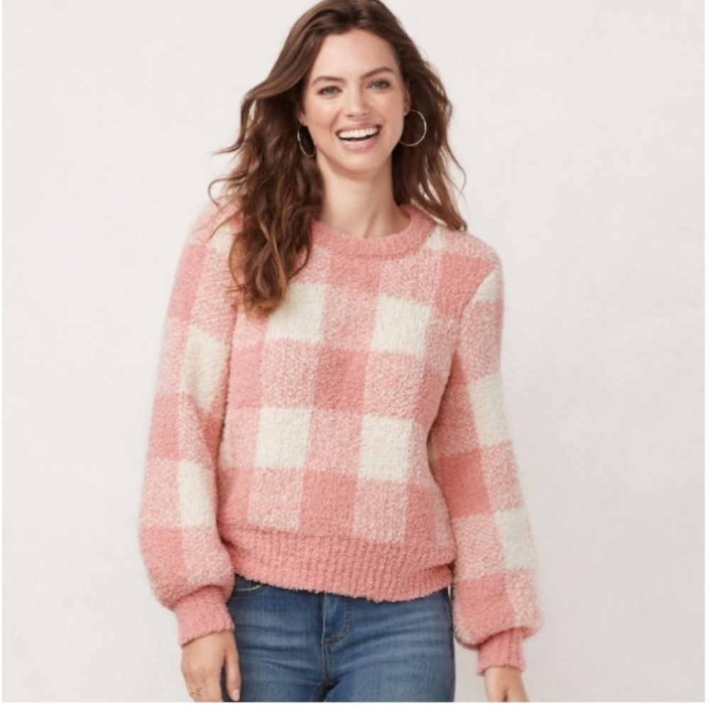 Lauren Conrad Pink Gingham‎ Chenille Sweater. Size XL